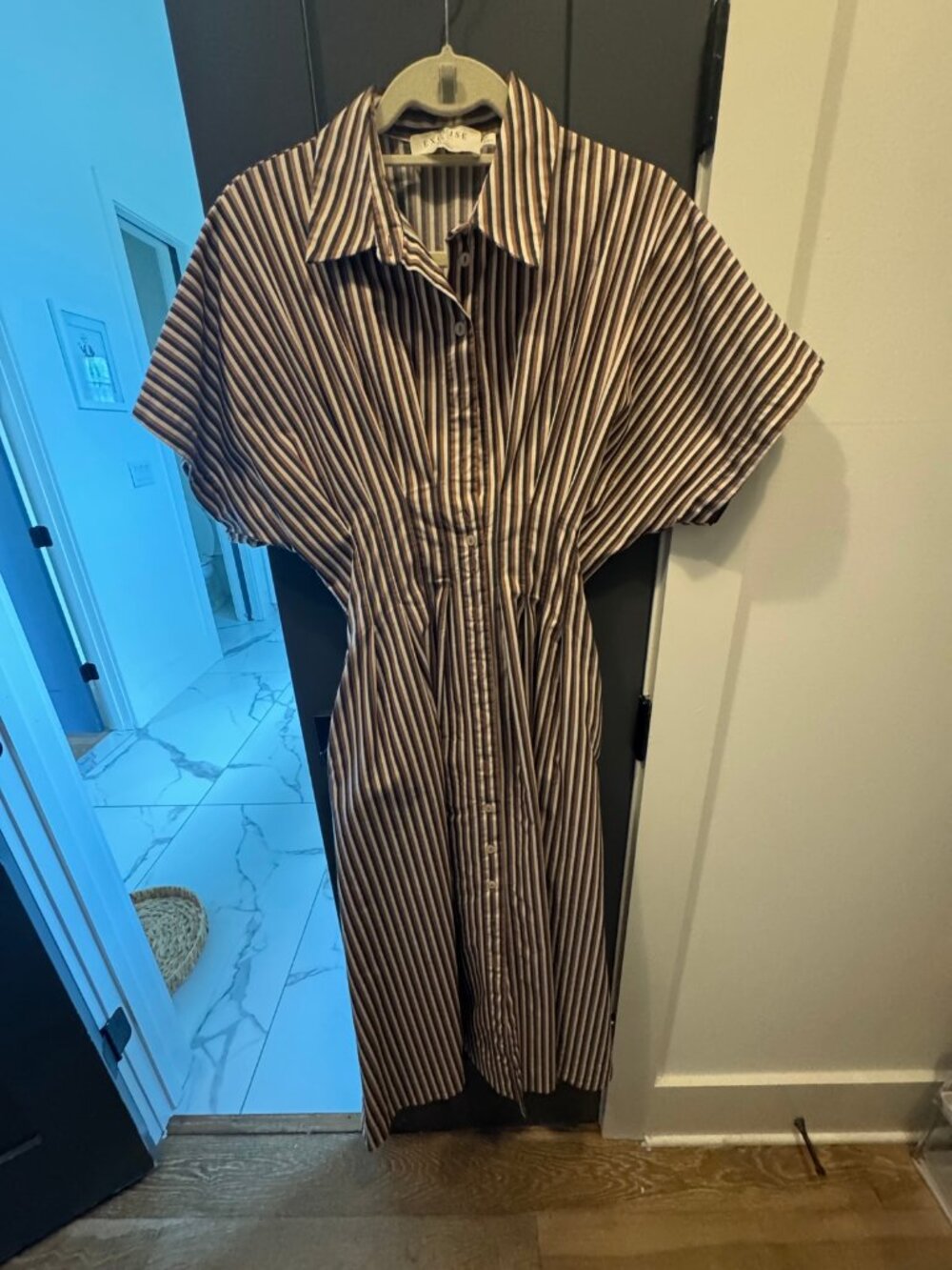Exquise Tobie Brown Cream Striped Button-Front Shirt Dress - S